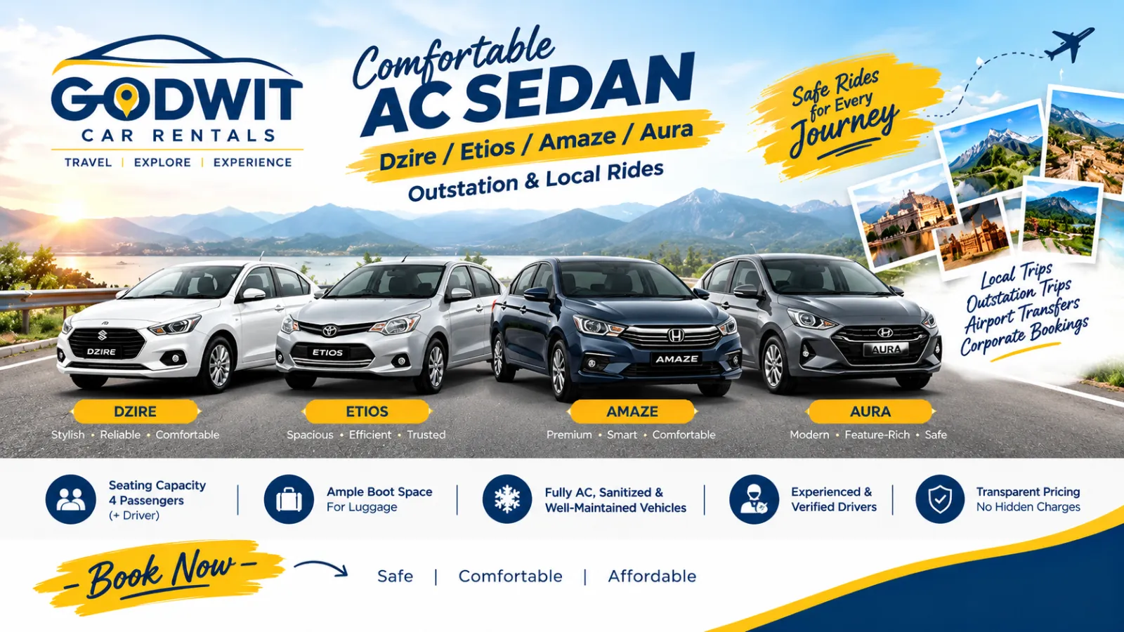 Comfortable AC Sedan (Dzire / Etios / Amaze / Aura) | Outstation & Local Rides